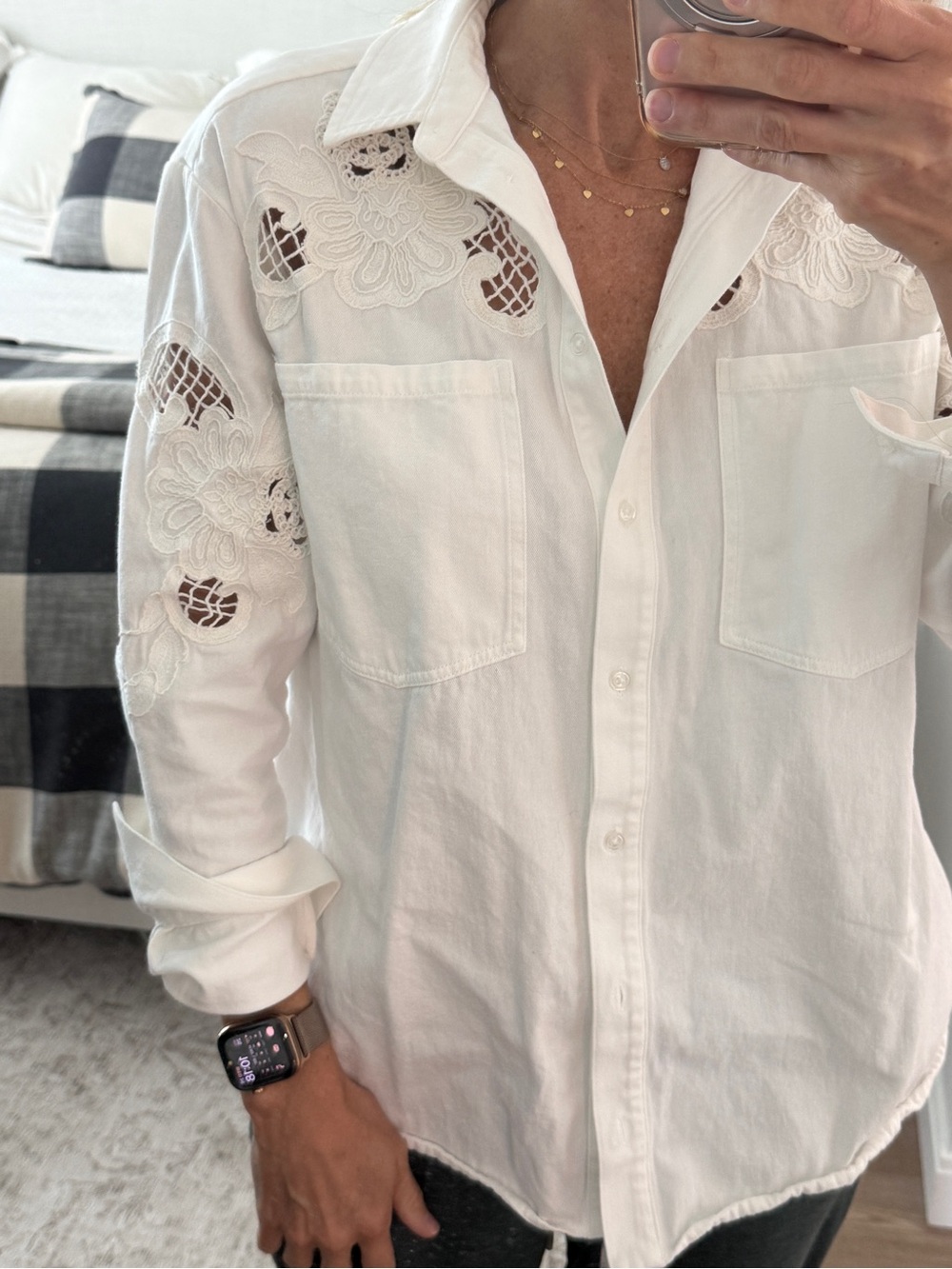 Women's White Lace-Appliqué Button-Down Shirt